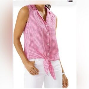 Tommy Bahama Pink and White Checkered Linen Sleeveless Tie-Front Shirt